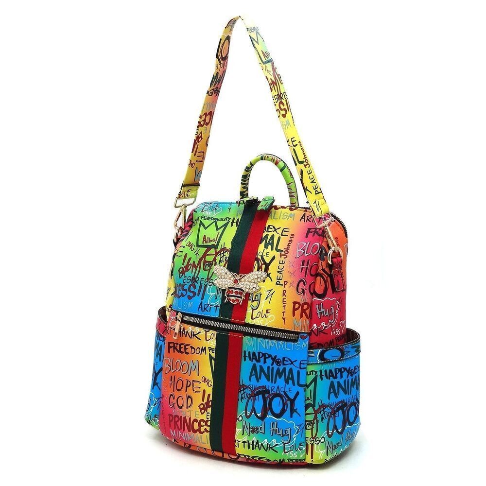 Women Bee Strip Accented Graffiti Fashion Multi Purpose Backpack - Picture 8 of 13